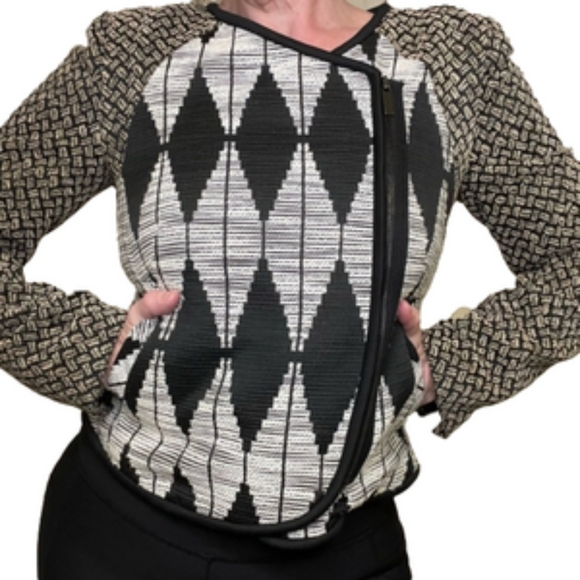 RACHEL ROY Women Blazer Size 4 Beige And Black Side Zipper Geometric Pattern - Picture 1 of 13